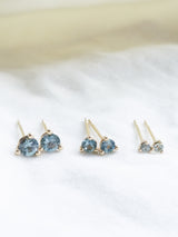 Shown: (From left to right) Montana sapphire studs in 4mm, 3mm, and 2mm.