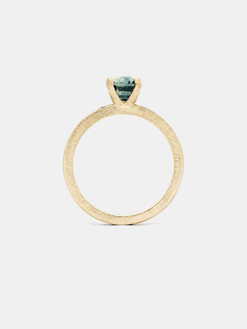 Dianthus Cushion Solitaire- Sapphire with 1ct viridian Montana sapphire in 14k yellow gold with recycled diamond pave accents and organic texture with signature matte finish.