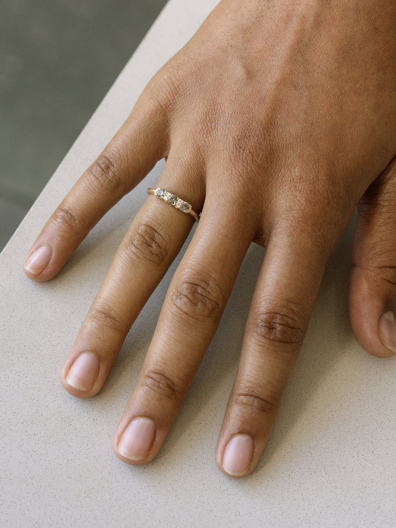 Shown: Mint sapphires in 14k yellow gold with organic texture and signature matte finish.