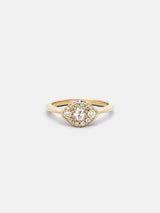 Shown: near colorless 4mm antique diamond with (2) 2.5mm antique diamond side stones and recycled diamond accents in 14k yellow gold with smooth texture and signature matte finish.