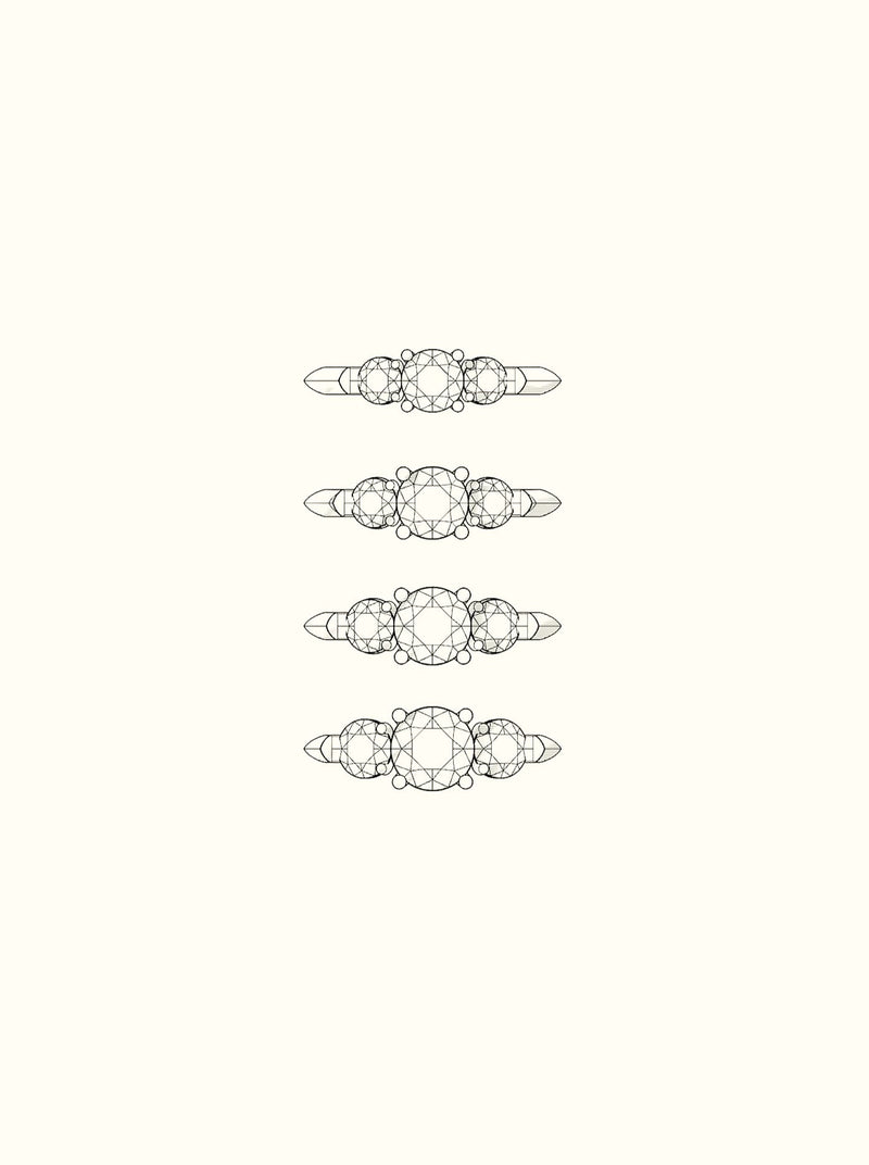 Shown: carat weight layouts for our smallest (0.5ct center) to largest (1.25ct center) stone compositions.