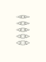 Shown: carat weight layouts for our smallest (0.5ct center) to largest (1.5ct center) compositions.