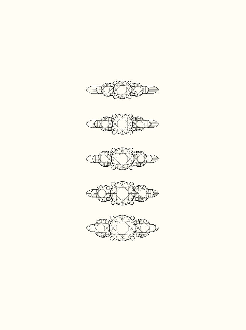 Shown: carat weight layouts for our smallest (0.5ct center) to largest (1.5ct center) compositions.